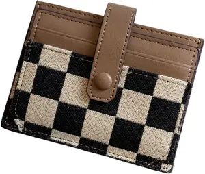 Cute Slim Card Holder Canvas Front Pocket Checkered Wallet, Small Credit Card Case for Women (Brown)
