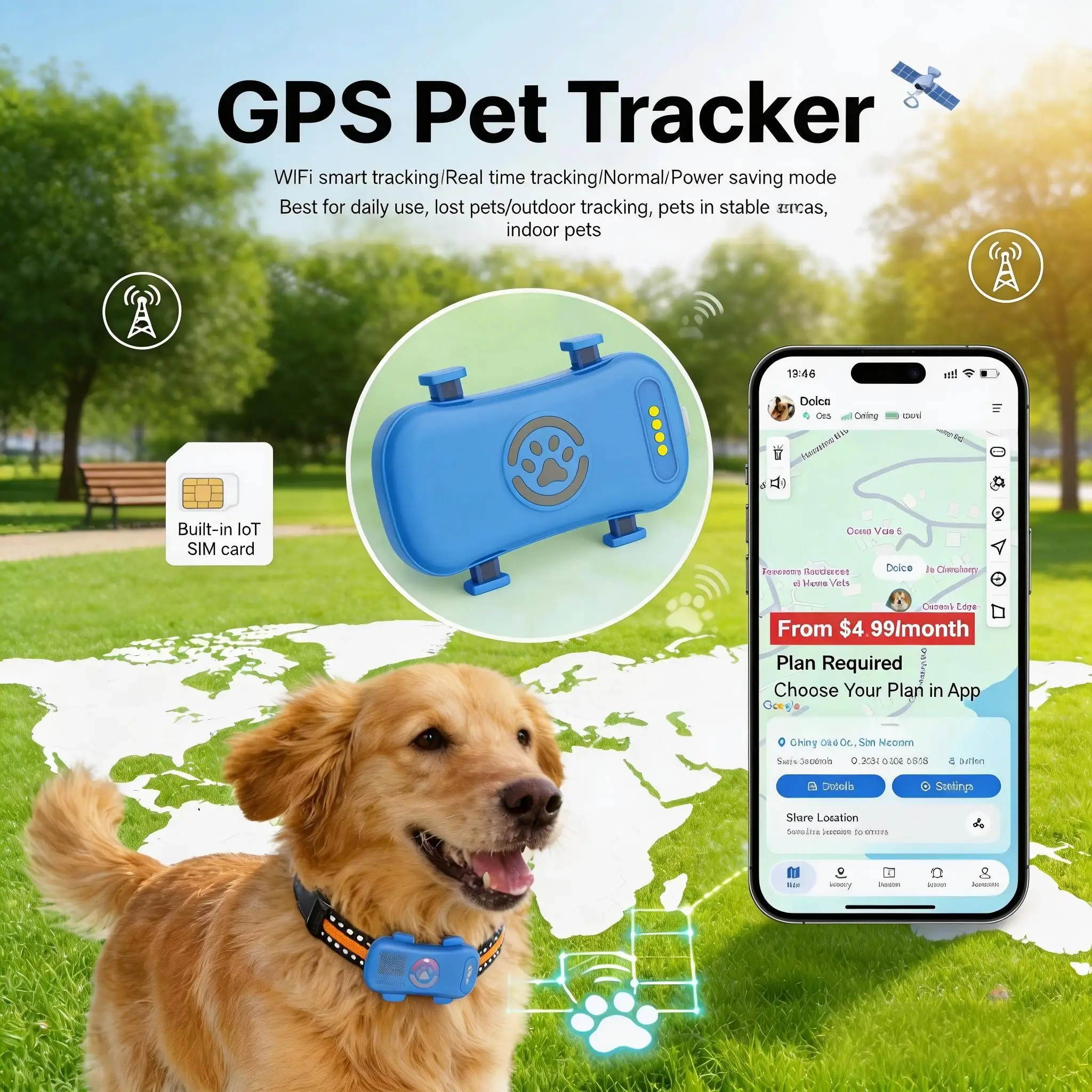4G GPS Pet Tracker for Dogs & Cats with Built-in SIM, Real-Time Tracking, WiFi Home Positioning, IP67 Waterproof (Plan Required)