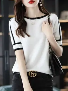 Women's Round Neck Patchwork Half Sleeve Knit Sweater, Commuter Casual Slim Fit Pullover, Stylish and Comfortable Top for Daily Wear, Knitwear