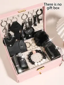 14pcs Fashion Rhinestone Elegant Black Security Keychain suit with Wristband, Storage Bag and Card Bag Decorative Accessories suit, Card Holder Perfumes Bottle (Empty Bottle) Keychain Accessories Mouth Red Envelope, Multi Purpose Keychain