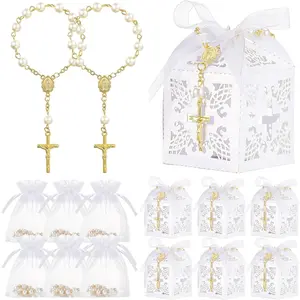 50 Packs Baptism Favors Set Acrylic Rosary Beads Faux Pearls with Organza Bags and Cross Baptism Favor Boxes Recuerdo De Boda Y Bautizo for Christening Weddings Party Favors(Gold,Pearl)