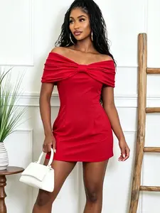 Ruched Bow Wrap Shoulder Strap Sleeveless Elegant Fashion Birthday Party Slim Fit Mini Short Dress, Chic Evening Wear for Special Occasions