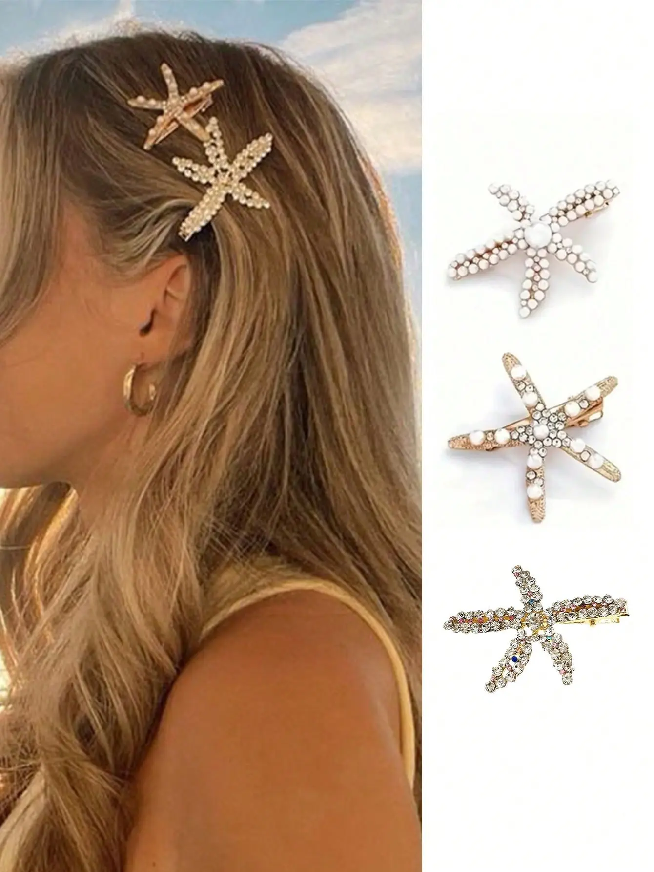 3pcs Hair Clip Set Vintage-Style Starfish-Shaped Hair Clips with Faux Pearls, Fashionable Flat Claw Accessories for Bun Looks, Perfect Valentine's Day Gift, Flatback Clips, Everyday Use, All Seasons