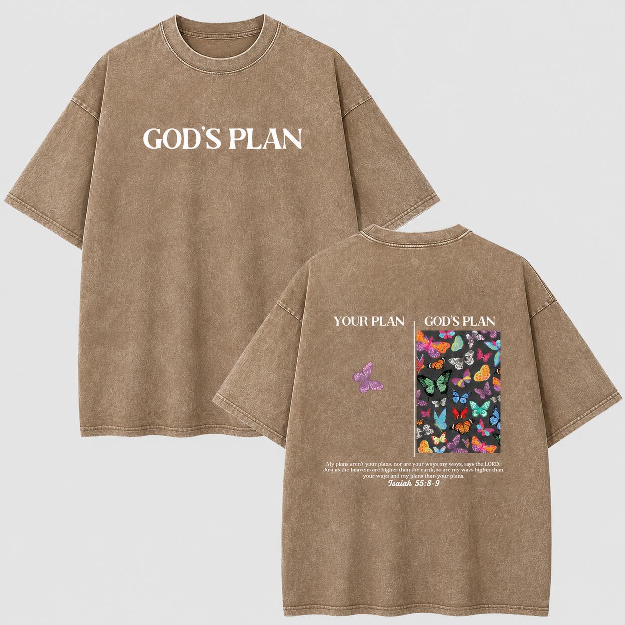 Unisex Vintage Washed Cotton Graphic T-Shirt, Oversized Crew Neck Tee with God’s Plan Butterfly Front & Back Print, Casual Streetwear Top