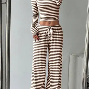 2026 Women's 2 Piece Y2K, Striped Ribbed Knit Long Sleeve Square Neck Crop Top, High Waist Drawstring Wide Leg Pants Loungewear Set