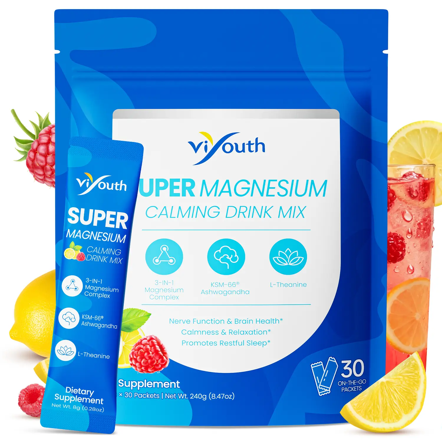 Viyouth Healthcare All-in-1 Powdered Supplement Drink Mix (240g) - 3-in-1 Botanical Extract Ashwagandha KSM-66, Turmeric, GABA, Probiotics, Magnesium, L-Theanine - 30 Servings for Calmness & Relaxation, Cortisol Balance