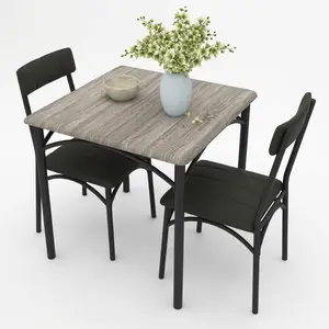 Garvee Compact 3-Piece Dining Table Set with Square Wood & Metal Table and 2 Upholstered Chairs in Rustic Grey Finish for Small Spaces and Apartments