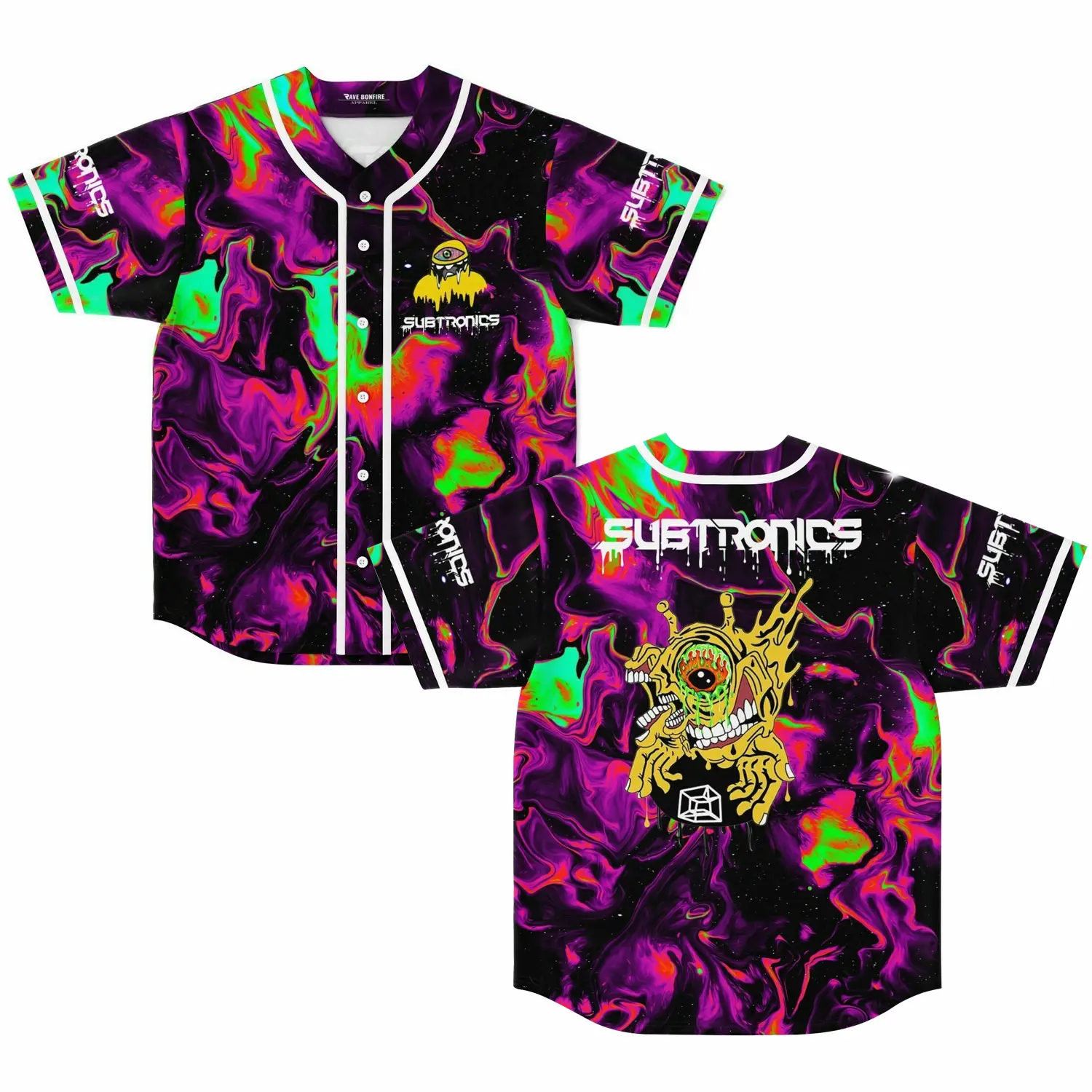 Subtronics Baseball Jersey, Melting Cyclops Eye Neon Fluid Shirt, Heavy Dubstep Basshead Headbanger Merch, Lost Lands EDC Festival Outfit, Trippy Swirl Graphic Button Down Top, Cyclops Army EDM Music Lover Unisex Rave Apparel