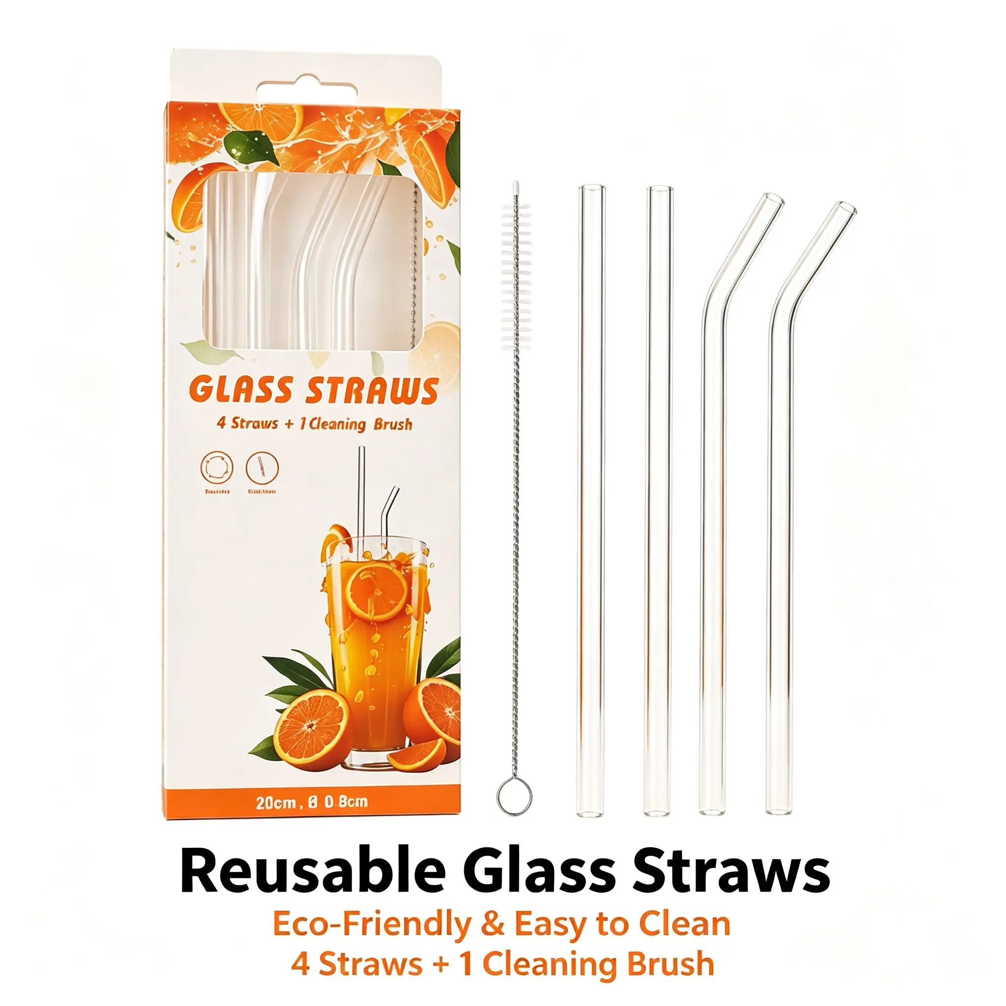 Reusable Glass Straws 4 Pack with Cleaning Brush