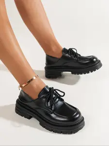 New Thick Sole PU Leather Shoes for Women, Lace-Up Round Toe Retro British Style, Casual Ankle-High School Uniform Elevator Shoes
