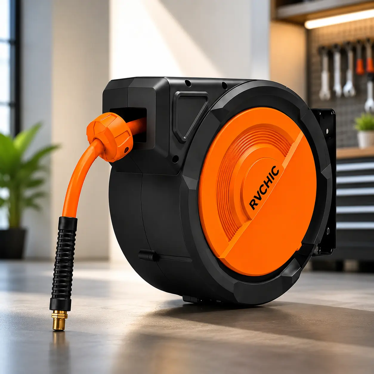 Retractable Air Hose Reel 33FT/65FT, Wall Mounted Auto Rewind Air Compressor Hose Reel with 180° Swivel Bracket, Lock Any Length Hybrid Air Hose with Brass Fitting for Garage, Workshop, Tire Inflation & DIY Projects