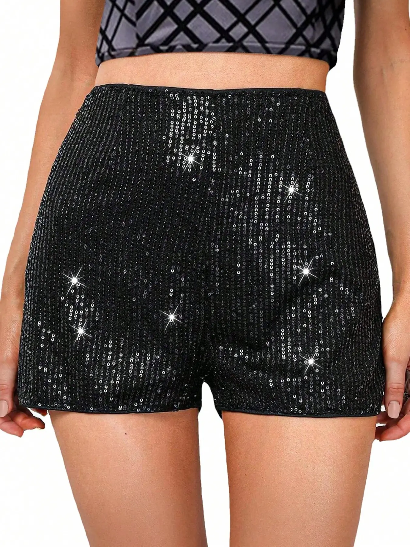 Sparkling Sequins Straight-Leg Fitted Short Hot Pants Dancewear Shorts - featuring a comfortable elastic mid-rise waist for a versatile and sexy summer party look. Elastic Waistband Shorts Bottom Womenswear