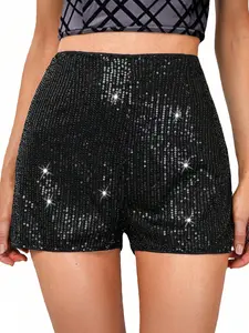 Sparkling Sequins Straight-Leg Fitted Short Hot Pants - featuring a comfortable elastic mid-rise waist for a versatile and sexy summer party look.