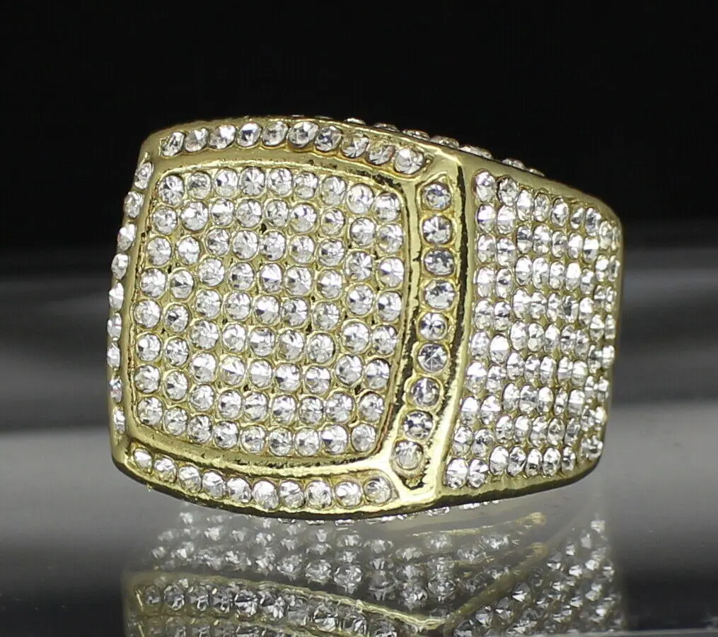 MaxBling81 Men's Gold-Plated Iced Hip-Hop Ring, Chunky Luxury Costume Jewelry with Simulated Diamonds, Heavy Square Pinky Ring for Sizes 8-12, Hip-Hop Rings