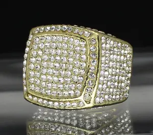 MaxBling81 Men's Gold-Plated Iced Hip-Hop Ring, Chunky Luxury Costume Jewelry with Simulated Diamonds, Heavy Square Pinky Ring for Sizes 8-12, Hip-Hop Rings