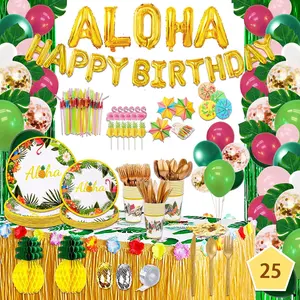 Luau Party Supplies Kit Hawaiian Banner, Balloons, Tableware, and Decor for 25 Guests