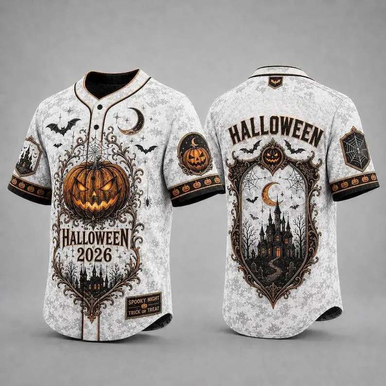 Halloween Vintage Pumpkin Baseball Jersey, Spooky Web Moon All‑Over Print, Button‑Down Short Sleeve Unisex Party