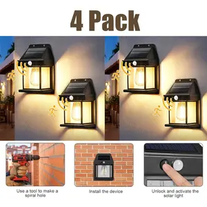 4 Pack IP65 Waterproof Solar Wall Lights, Motion Sensor 3 Modes Dusk to Dawn LED Outdoor Lantern for Porch Patio Garage Garden Fence Lighting