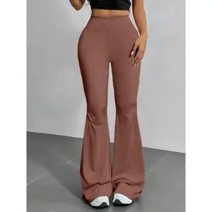 Women's Ribbed Flare Leg Leggings, Casual Comfy High Waist Bell Bottom Trousers for Daily Wear, Ladies Bottoms for All SeasonsGift