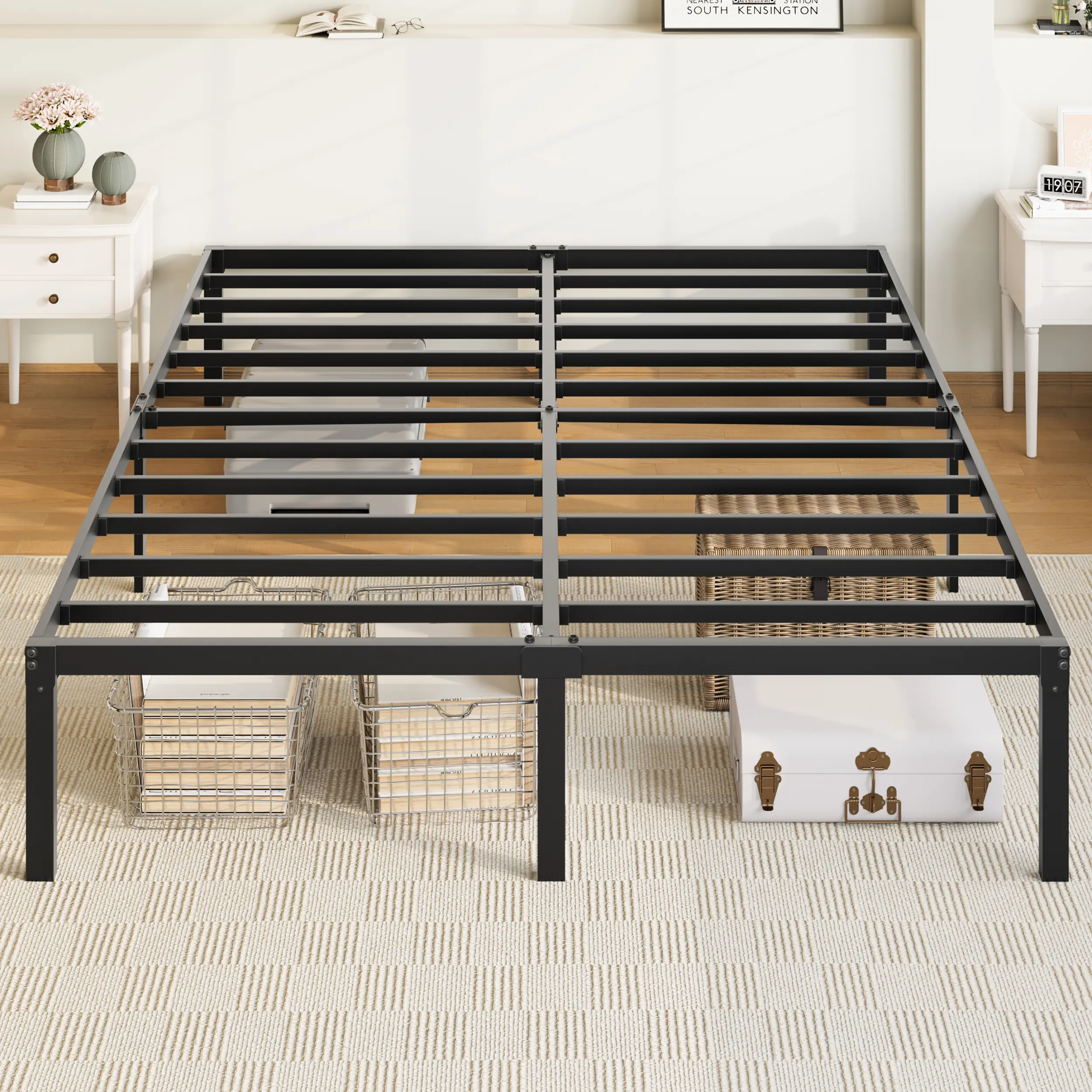 Allewie Full Size Metal Construction Floor Bed Frame, 14in Height with Storage Space, No Box Spring Needed, Easy Assembly, Black (bed frames included for SEO alignment)
