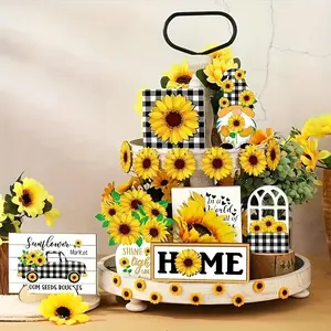 Sunflower Themed Tiered Tray Decor without Tray, 12pcs/set Wooden Sunflower Decoration, Desktop Decoration for Home Living Room Bedroom, Ornaments, Nature Ornaments, Decorative Flower Ornaments