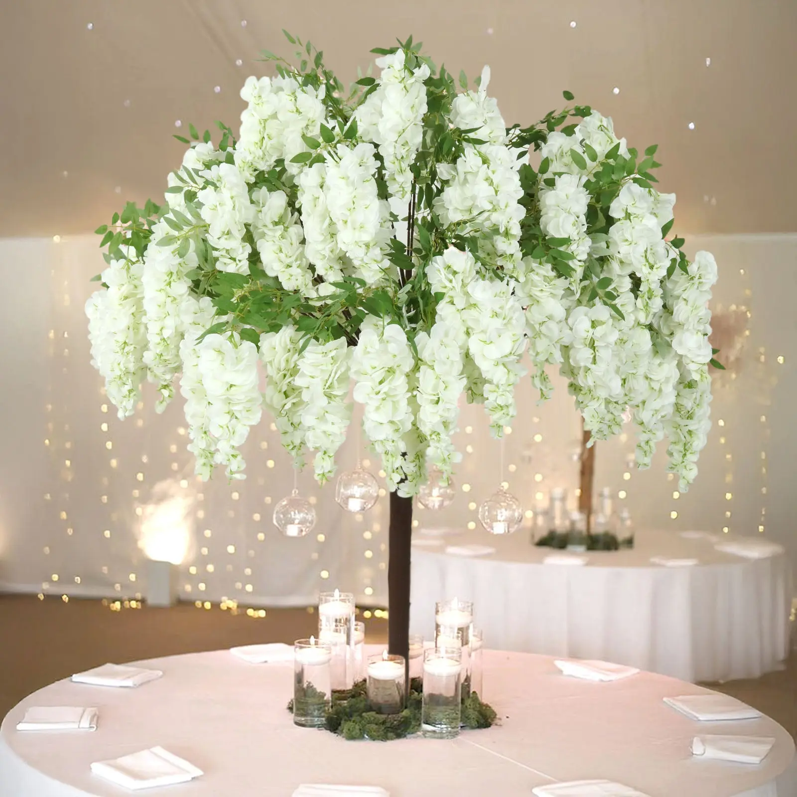 5ft Freestanding White Artificial Wisteria Tree - Decorative Artificial Plants, Faux Flowers for Wedding Aisles, Bedroom, Party Photo Backdrops