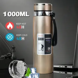 Stainless Steel Vacuum Durable Insulated Thermos Flask, Large Capacity 24H Hot & Cold Retention Water Bottle, Leak-Proof Insulated Flask with Strap for Travel, Hiking, Home & Office, Multi-Color Available