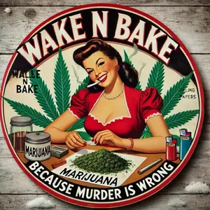 Vintage Style Metal Wall Art, Wake N Bake Round Wall Decor, Creative Humor Decor for Home Garden Patio Yard, Vintage Plaque Decor, Home Decor Products