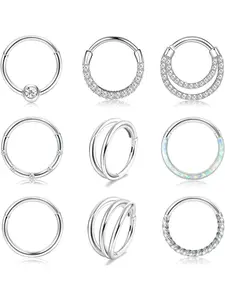 9 Pcs Silvery Diverse Nose Piercings for Women Men Premium Surgical Steel Copper Versatile Piercing Jewelry Set Stable Texture Comfortable Wearing Experience Shining Opal Sparkling CZ Glamorous Shiny Charm Multi-functional Design