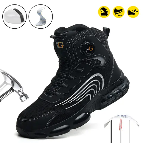 Men's Chic Striped Closed Work Safety Boots - Lightweight Composite Toe Lace-Up, Breathable Mesh & EVA Fabric Construction, All Seasons Above-the-Ankle Below-Knee Casual Footwear for Outdoor Work Fatigue Relief