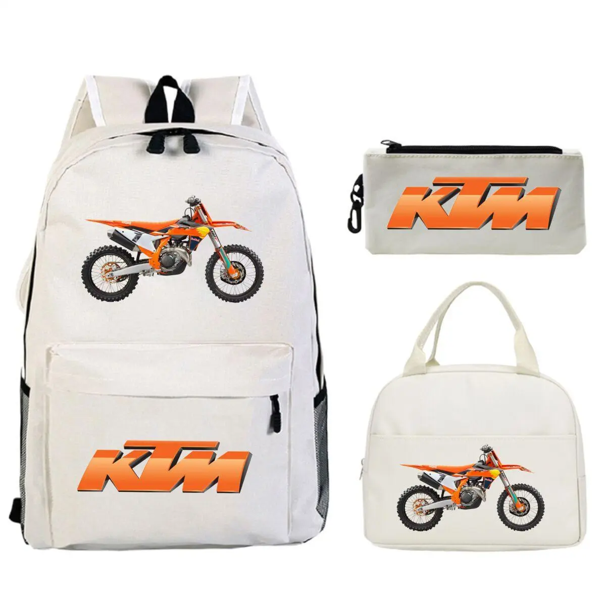 K-KTM Dirt Bike Orange Logo White Base 3 In 1 Backpack Set, Backpack + Insulated Lunch Bag + Pencil Case Motocross Motorcycle Fan School Daypack