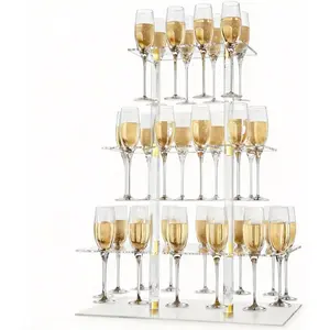 3 Tier Clear Acrylic Champagne Display Holder Stand, 32 Slots Wine Glass Stemware Rack with LED Light, Cocktail Tree Drink Stand for Martini Flute Party, Measures 26" x 20" x 12"