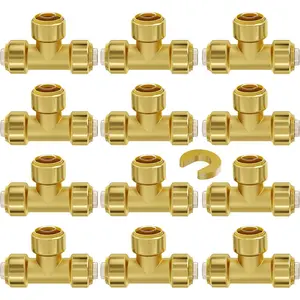 VEVOR 12PCS 1/2" (2 in Equivalent) Corrosion-Resistant Brass Tee Pipe Fittings, Push-Fit Plumbing Connectors, Heavy-Duty Adapters for Heating, Water Pipes