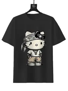 Sanrio Street Style Hello Kitty Unisex Tee - Black 100% Cotton T-Shirt with Classic Hello Kitty Graphic for Men & Women