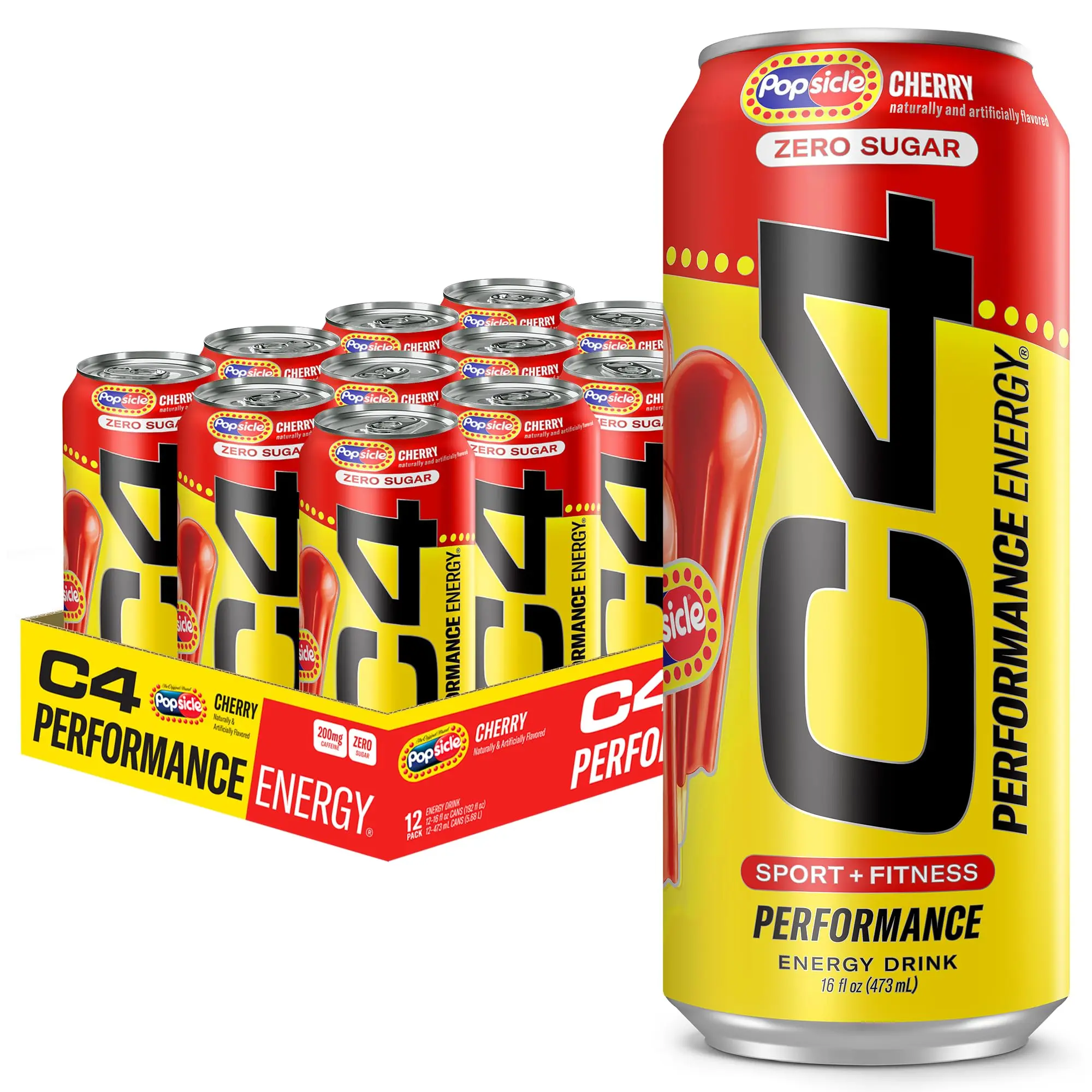 C4 Energy Drink Cherry, Carbonated Sugar Free Pre Workout Performance Drink with no Artificial Colors or Dyes, 16 Oz, Pack of 12