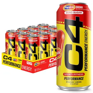 C4 Energy Drink Cherry, Carbonated Sugar Free Pre Workout Performance Drink with no Artificial Colors or Dyes, 16 Oz, Pack of 12