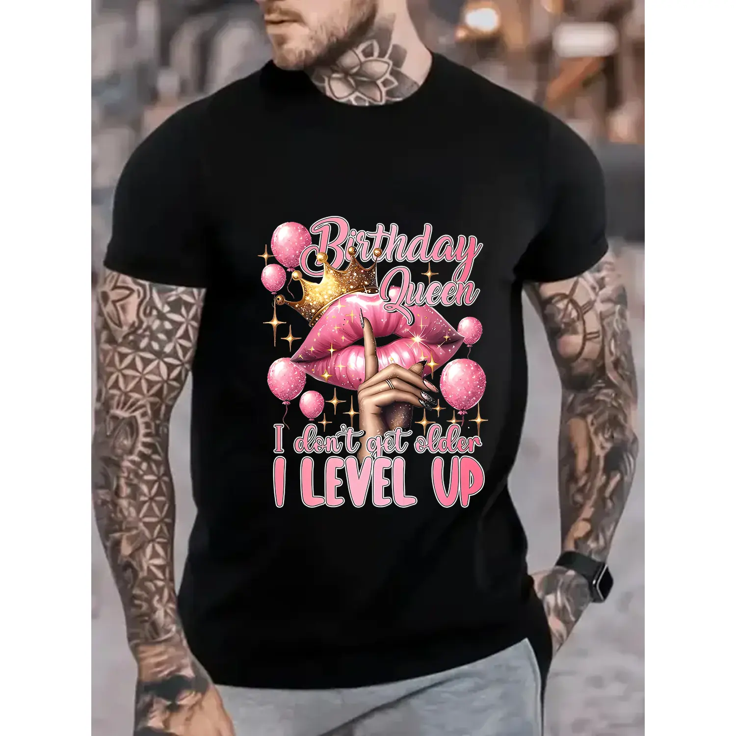 Men's Birthday Queen Graphic Print Cotton Short-Sleeve Tshirt, Casual Streetwear Summer Top with Balloon & Crown Design, Ideal for Parties (Menswear)