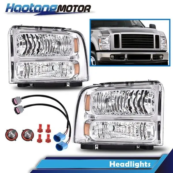 CROSSDESIGN Pair of Chrome Bright Headlights for 1999-04 Ford F250, F350 Super Duty Truck, Excursion - Car Exterior Upgrade Decorative Lights