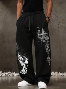 Dark Angel Cross Graphic Print Wide Leg Sweatpants, Street Style, Fitted, Drawstring Waist, Comfortable and Versatile, Slimming Effect