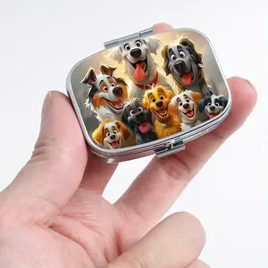 Happy Dogs Print Pill Case with Mirror, Cartoon Style Portable Lightweight Plastic 2 Compartment Pill Organizer, Travel Pill Box for Dog Lovers