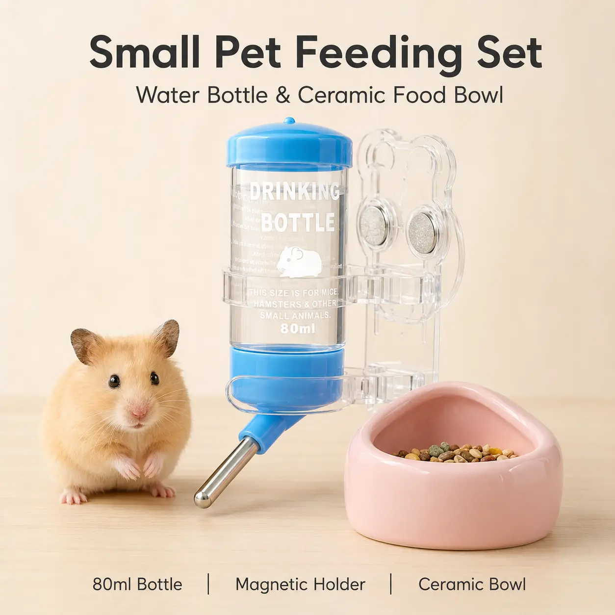 80ml Hamster Water Bottle & Ceramic Food Bowl Set with Magnetic Mounting Holder, Metal Ball-Tip Nozzle, Small Animal Feeding Kit for Hamsters, Mice & Gerbils