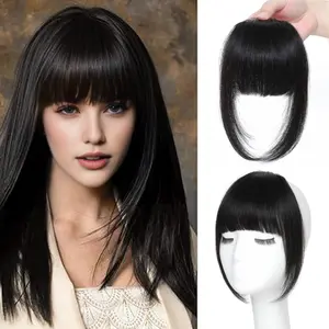 ALICOCO Bangs Hair Clip - Dark Brown French Bangs 100% Real Human Hair Extensions French Bangs for Women Fringe with Temples Hairpieces Curved Bangs for Daily Wear Lightweight Breathable Topper