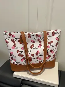 Vintage Cherry Print Tote Bag, Patchwork PU Leather Large Capacity Shoulder Bag, Student Commuter Handbag, Fashion Accessory