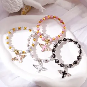 4pc Gold-Plated Acrylic Cross Bracelet with Enamel Beads and Oil Drops Angel Beaded Baptism Elastic Bracelet Gift for Special Occasions