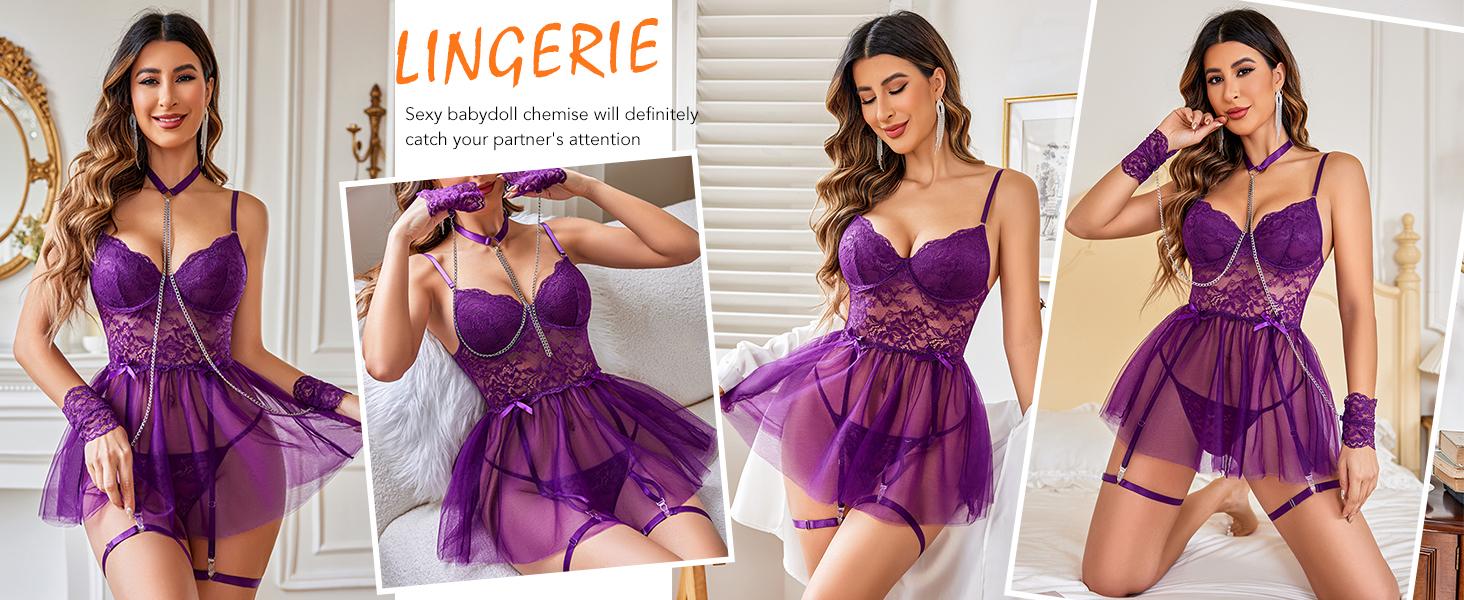 Avidlove Lingerie for Women Lace Underwire Lingerie Set with Garter and Chain Sleepwear SpringStatements Floral Cute Dress Polyester Comfy Mesh
