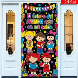 1PC,2D Flat Door Banner Spanish Back to School Door Banner, Cartoon Kids Classroom Decor Welcome Door Hanging, Festive Party Decoration Backdrop for "El futuro del MUNDO está en mi salón" Theme