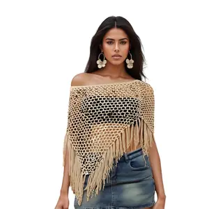 Womens Sheer Poncho Top Tassel Sequin See Through Knit Shrug Shawl Pullover Lightweight Asymmetrical Knitted Crochet Sweater Beach Cover Up