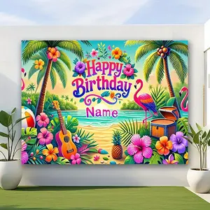 2D Flat Banner polyester photography backdrop, HD digitally printed soft lightweight foldable background cloth, vibrant tropical beach flamingo birthday party theme with palm trees, flowers, ukulele, pineapple, and ocean, ideal fo