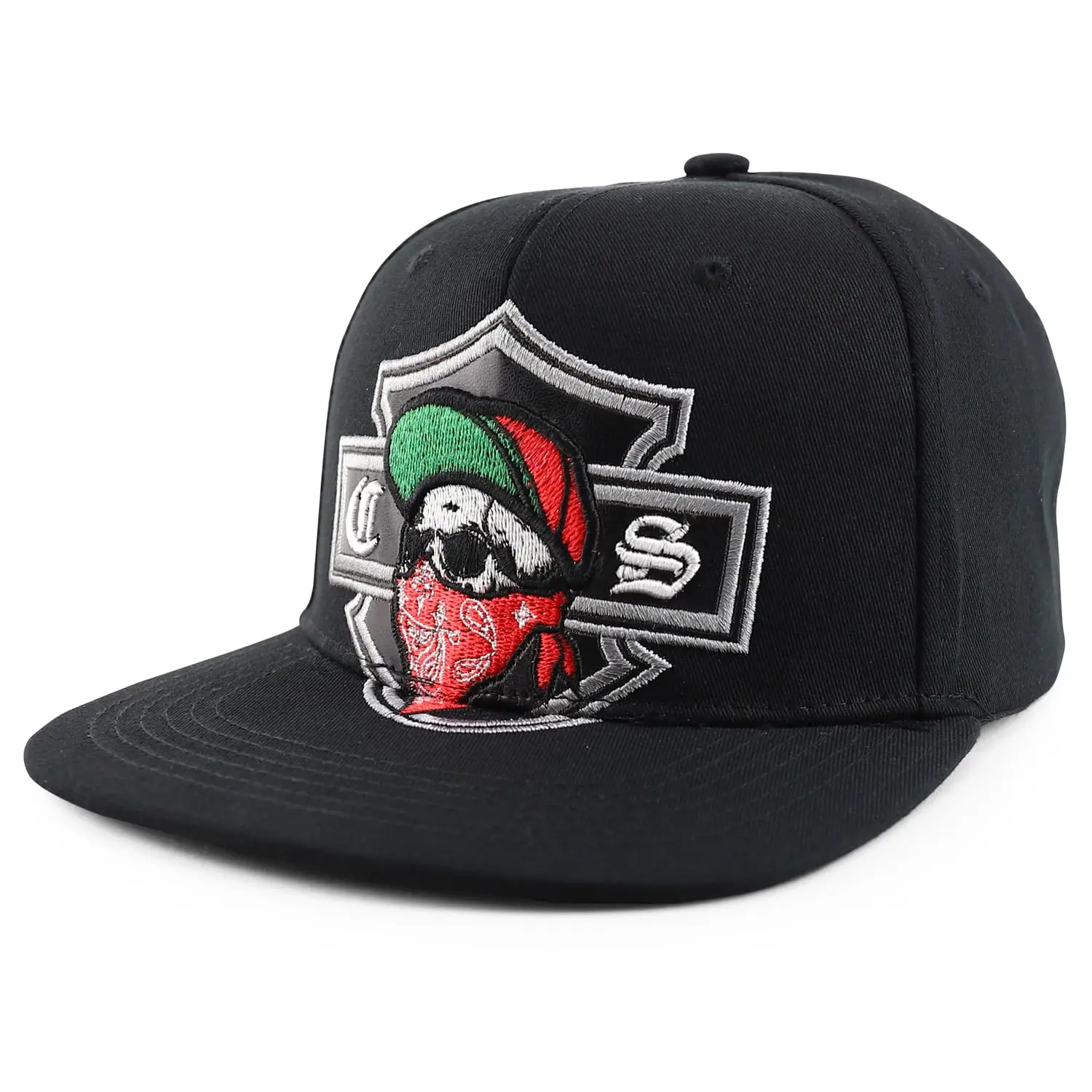 Trendy Apparel Shop Chicano Skull with Bandana Embroidered Flatbill Snapback Cap hat
