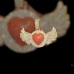 Gold Plated Iced Out Heart Pendant with Cubic Zirconia & Angel Wings Jewelry Accessory